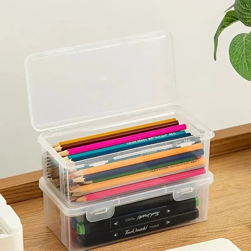 4 large transparent PP storage boxes with lids, used for storing office supplies, pencils, and crafts