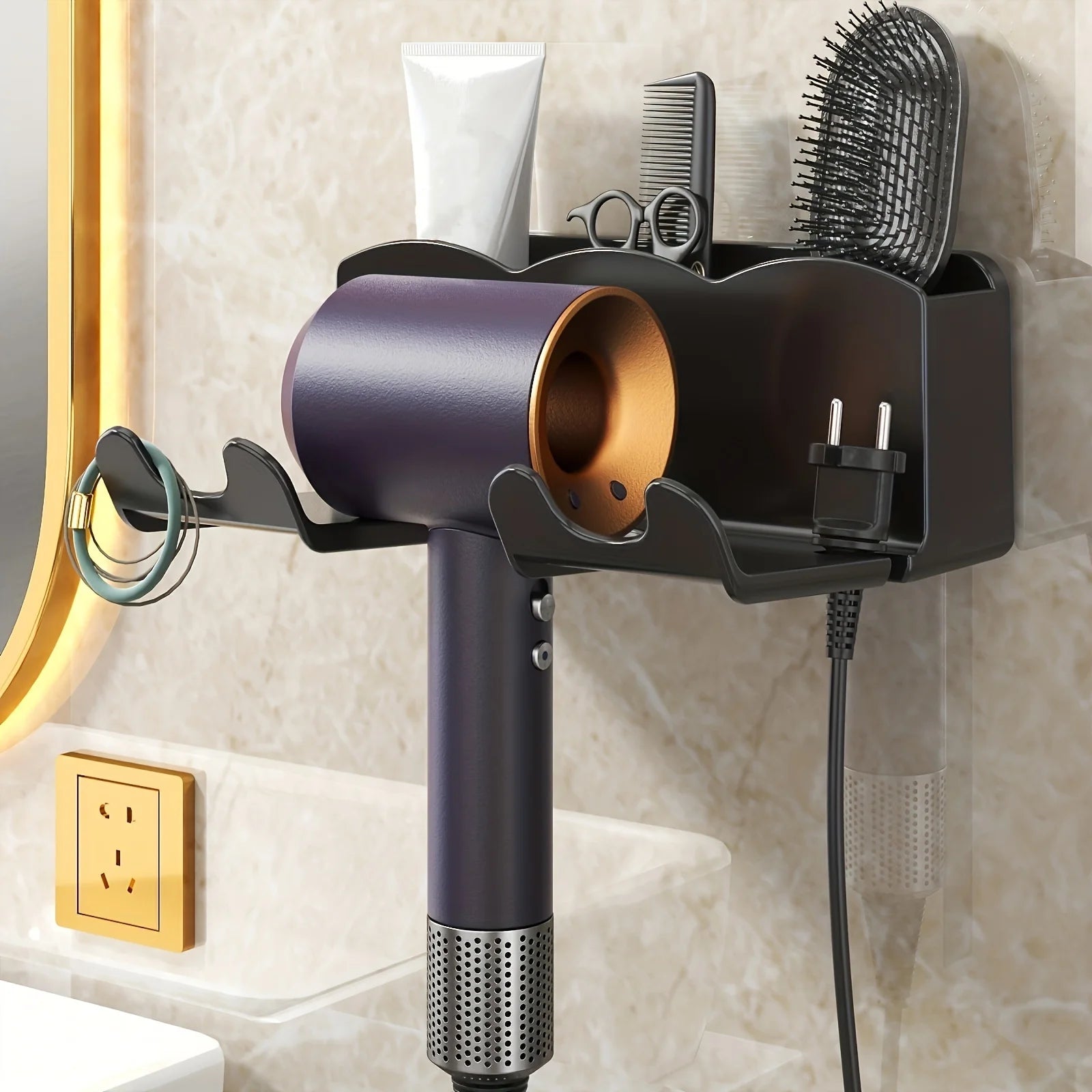 1pc Hair dryer storage rack, non perforated bathroom wall mounted bracket, bathroom air duct storage